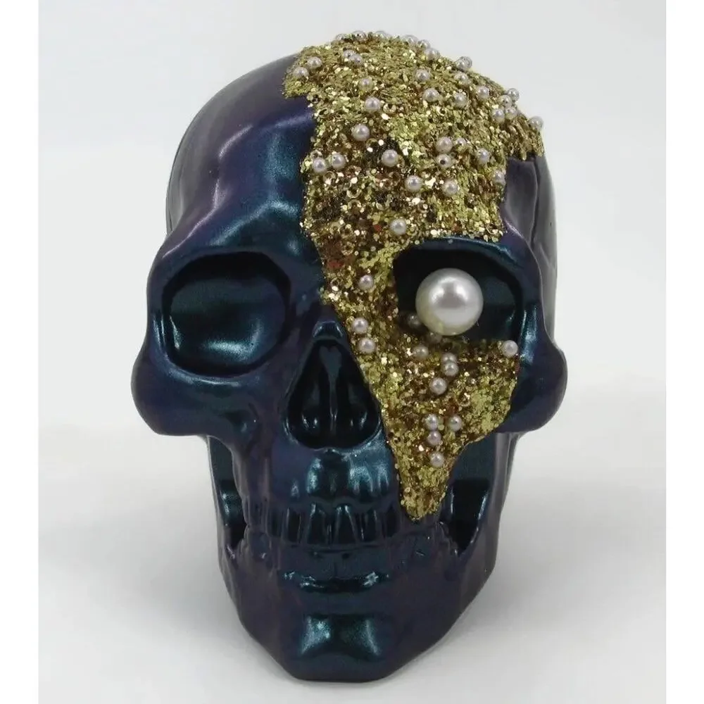 Target Halloween Decor Skull Metallic Blue & Gold Faux Peal Accent NEW